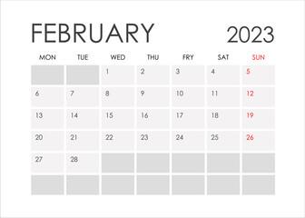 February 2023 calendar in a minimalist style. Starting from Monday. Vector