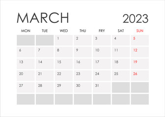 Calendar for March 2023 in a minimalistic style.Starting from Monday.