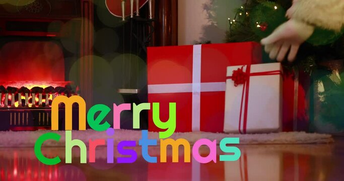 Animation of christmas greetings text over christmas tree and presents