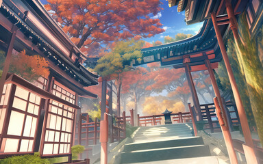 anime style autumn japanese temple chinese temple ancient landscape fall maple culture	