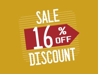 16% Off. Red discount banner with sixteen percent. Promotion with price reduction for products
