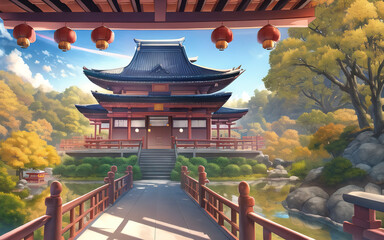 anime style autumn japanese temple chinese temple ancient landscape fall maple culture	
