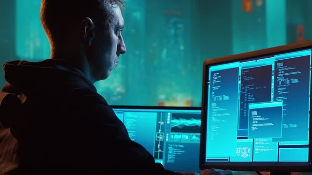 Computer Hacker in Hoodie. Obscured Dark Face. Hacker Attack, Virus Infected Software, Dark Web and Cyber Security concept