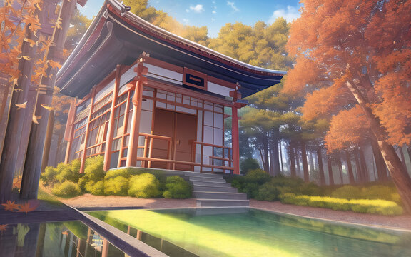 landscape traditional japanese temple and houses anime background wallpaper  Stock Illustration