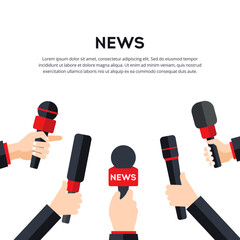 News interview vector illustration. Hands with microphones on white background. Mass media TV newscast illustration concept. Vector illustration in flat style - obrazy, fototapety, plakaty