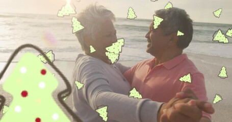 Animation of ginger bread icons over senior biracial couple at beach - Powered by Adobe