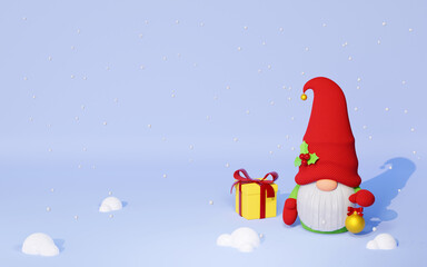 Christmas Scandinavian gnome in red hat with gift box and Christmas tree toy 3D render illustration.