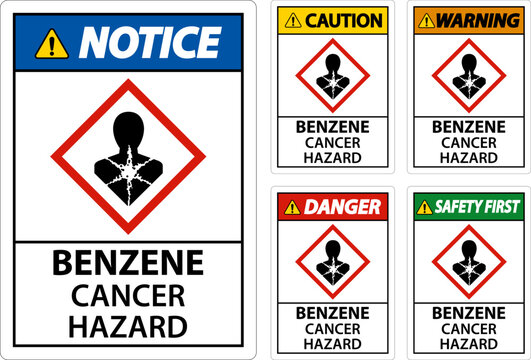 Danger Benzene Cancer Hazard GHS Sign On White Background