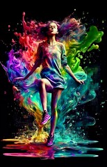 Dynamic image of a woman stomping in a puddle of rainbow liquid energy. Generative AI, this image is not based on any original image, character or person.