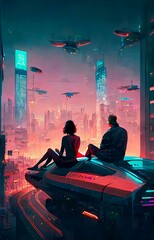  2 soulmates sitting on a ledge in a futuristic cyber city. Generative AI, this image is not based on any original image, character or person.