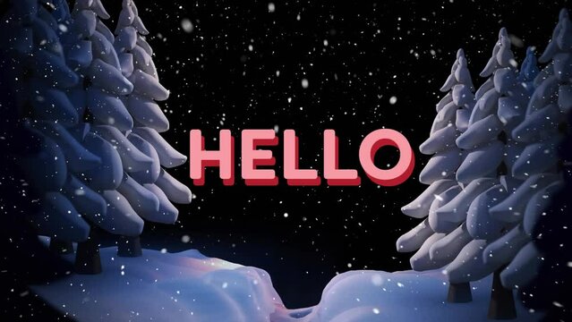 Animation of hello over snow falling over winter night forest landscape