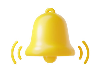 Notification bell icon 3d render - cute cartoon illustration of simple yellow bell for reminder or notice concept.