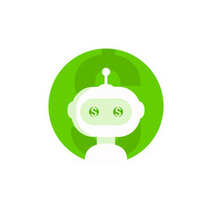 Money robot icon. Trade bot symbol. Currency exchange bot icon. Money chatbot illustration. Online support service robot. Modern flat style illustration isolated on white background