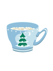 Christmas winter mug with a Christmas tree and cocoa with foam.