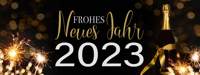 Frohes neues Jahr 2023 Silvester Neujahr Feiertag Grußkarte - Champagner oder Sektflasche und...