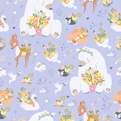 Seamless Pattern with Cute Animals and Spring Flowers