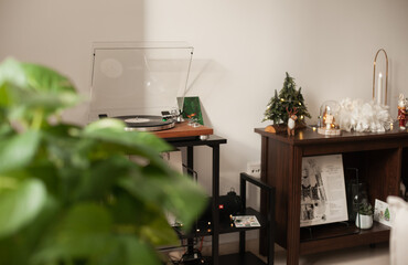 interior of a living room with turntable record player decorated for Christmas holiday season. Cozy modern green home decor.