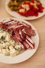 cold cuts of meat and cheese as snacks on a party. Pork meat cut on a plate. Cheese plate closeup.