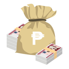 Cuban Peso Vector Illustration. Cuba money set bundle banknotes. Money bag 100 CUP. Flat style. Isolated on white background. Simple minimal design.