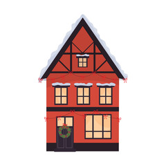 Winter house with Christmas decoration. The European facade of the building, with a festive ornament of bows, and a Christmas wreath. Flat vector illustration isolated on white background.