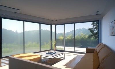 Concept of modern living room during day with furniture and big windows, view on green peaceful forest. Anime style digital illustration.