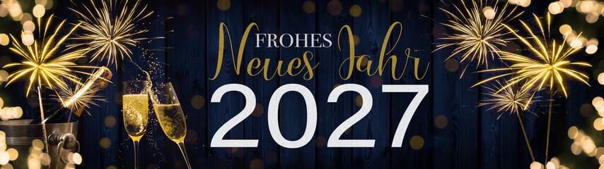 Frohes neues Jahr 2027 Silvester Neujahr Feiertag Grußkarte lang Banner Panorama  - Champagner...