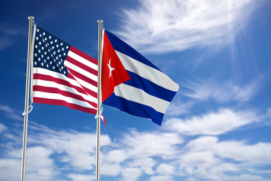 United States of America and Cuba flags over blue sky background. 3D illustration