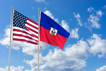 United States of America and Republic of Haiti flags over blue sky background. 3D illustration