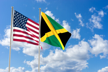 United States of America and Jamaica flags over blue sky background. 3D illustration