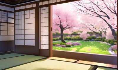 Beautiful traditional japanese living room with sliding doors opened. Garden with cherry blossom visible in the background. Anime style digital illustration.