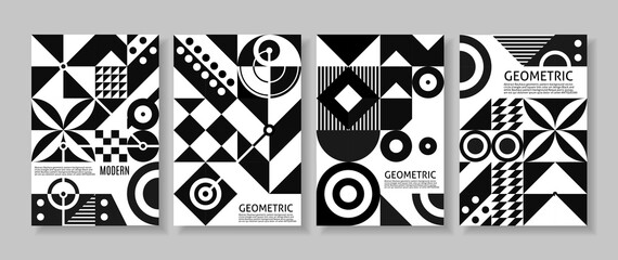 Set of covers. Abstract geometric pattern background, vector circle, triangle and square lines, art design. Black and white background. Compositions for book covers, posters, flyers, magazines


