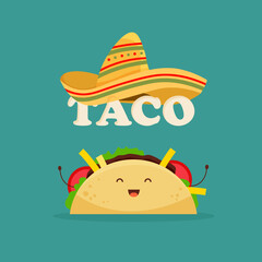 Mexican taco cute character with sombrero. Latin american food concept. Tacos with meat and vegetable. Vector illustration in trendy flat style isolated.