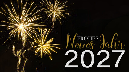 Frohes neues Jahr 2027 Silvester Neujahr Feiertag Grußkarte - Goldenes Feuerwerk und Text,...