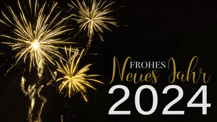Frohes neues Jahr 2024 Silvester Neujahr Feiertag Grußkarte - Goldenes Feuerwerk und Text,...
