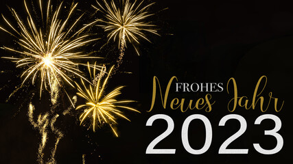 Frohes neues Jahr 2023 Silvester Neujahr Feiertag Grußkarte - Goldenes Feuerwerk und Text,...