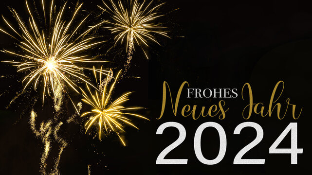 Frohes neues Jahr 2024 Silvester Neujahr Feiertag Grußkarte - Goldenes Feuerwerk und Text, isoliert auf schwarzem Hintergrund