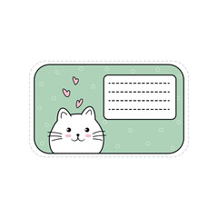 Cute postcard, sticker with kawaii cat. Greeting card for love notes, letters, reminders. Copy space. For design of diaries, notebooks, note papers, desktop. Printing products. Vector illustration