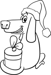 comic dog with gift on Christmas time coloring page