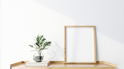 Mock up poster frame on white wall ,background, interior space, 3D render, 3D illustration	