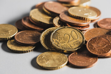 Euro cent coins close up on table. Soft focus