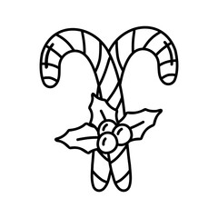 Single hand drawn lollipop and Holly branch with berries for New Year and Christmas greeting cards, posters, stickers and seasonal design.