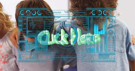 Animation of click here text and data processing over diverse schoolchildren - Powered by Adobe