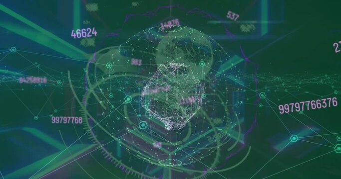 Animation of numbers, globe, data and lines in digital space
