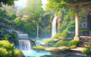 anime style babylon paradise ancient landscape