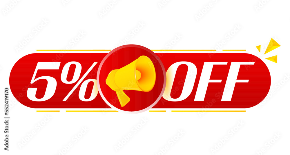 Poster megaphone with 5 percent off on white background. megaphone banner. web design. vector