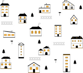 Set of buildings on a transparent background. Set of doodle icons in black and yellow colors
