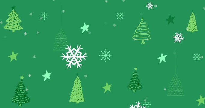 Animation of snowflakes over green christmas tree pattern