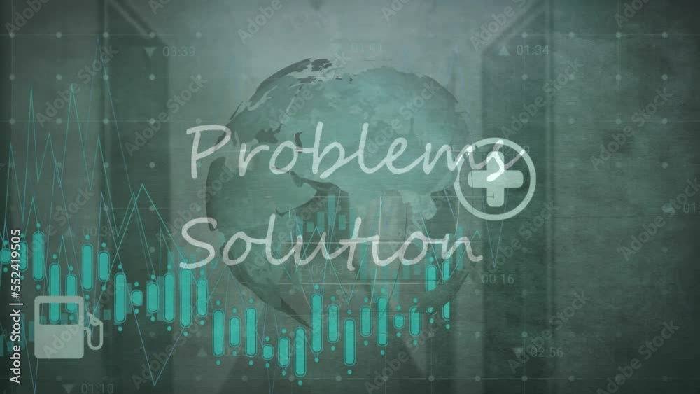 Poster animation of problems solutions text and data processing over spinning globe against grey background