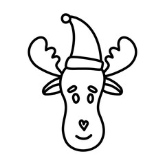 Doodle illustration of a deer in a red hat.The face of a cute brown deer with yellow horns.For design of postcards, posters.Children's card, holiday, symbol of the new year, Santa's helper