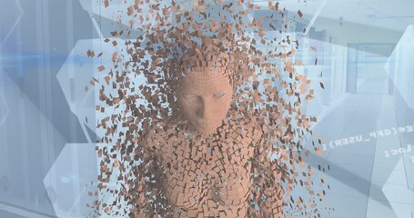 Animation of data processing over human body model against hexagonal shapes and computer server room - Powered by Adobe